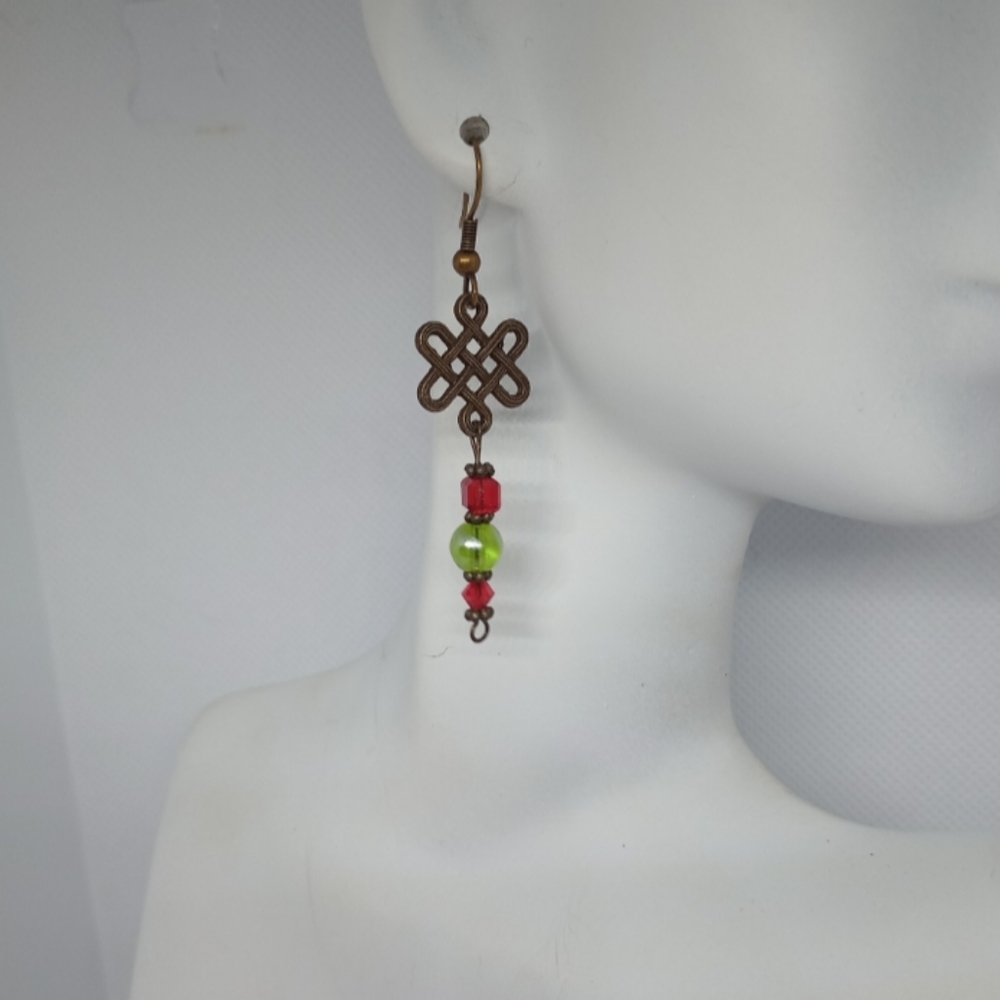 Celtic Knot Dangle Earrings Handmade Holiday Christmas Brass Boho Fun Red Green